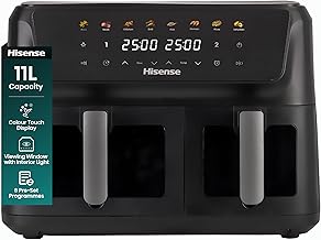 Hisense 11L Dual Zone Air Fryer - 2700W Energy-Saving Colour Touch Display Cooker with 8 Cooking Functions - Fries, Steak, Chicken, Grill, Fish, Shrimps, Pizza, Dehydrate, Black