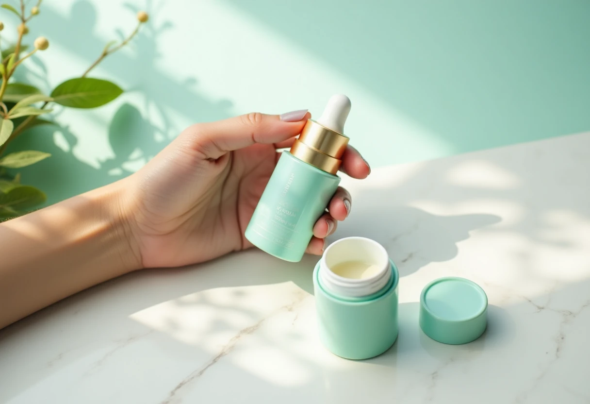 Uma mão delicada segura um frasco elegante de sérum facial, cercado por folhas verdes e flores suaves, em uma superfície de mármore clara. A luz suave do sol ilumina o frasco, destacando sua textura e refletindo um clima de frescor e cuidados com a pele.