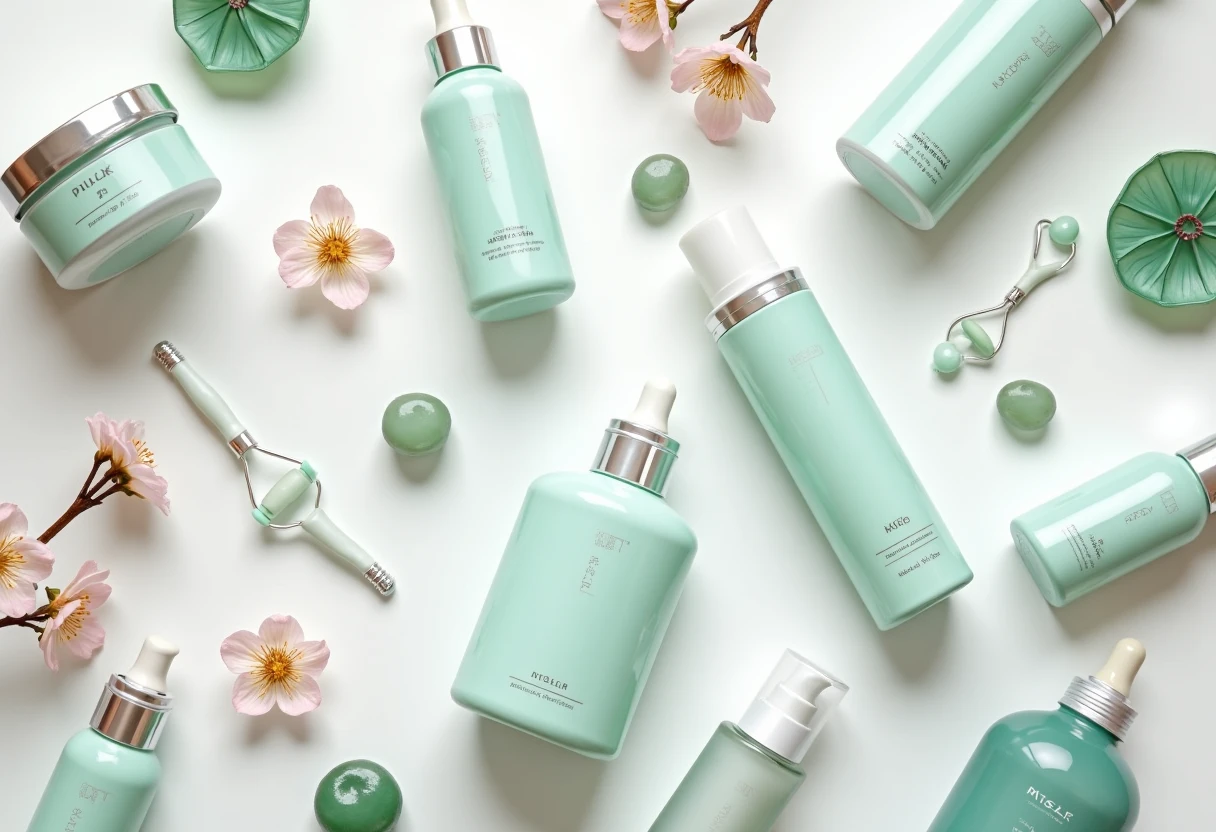 A serene flat lay of various Korean skincare products, including vibrant serums, luxurious creams, and gentle cleansers, arranged artistically on a soft pastel background. Delicate cherry blossoms and a jade roller add a touch of elegance, creating a calming and inviting atmosphere that embodies the essence of Korean skincare.