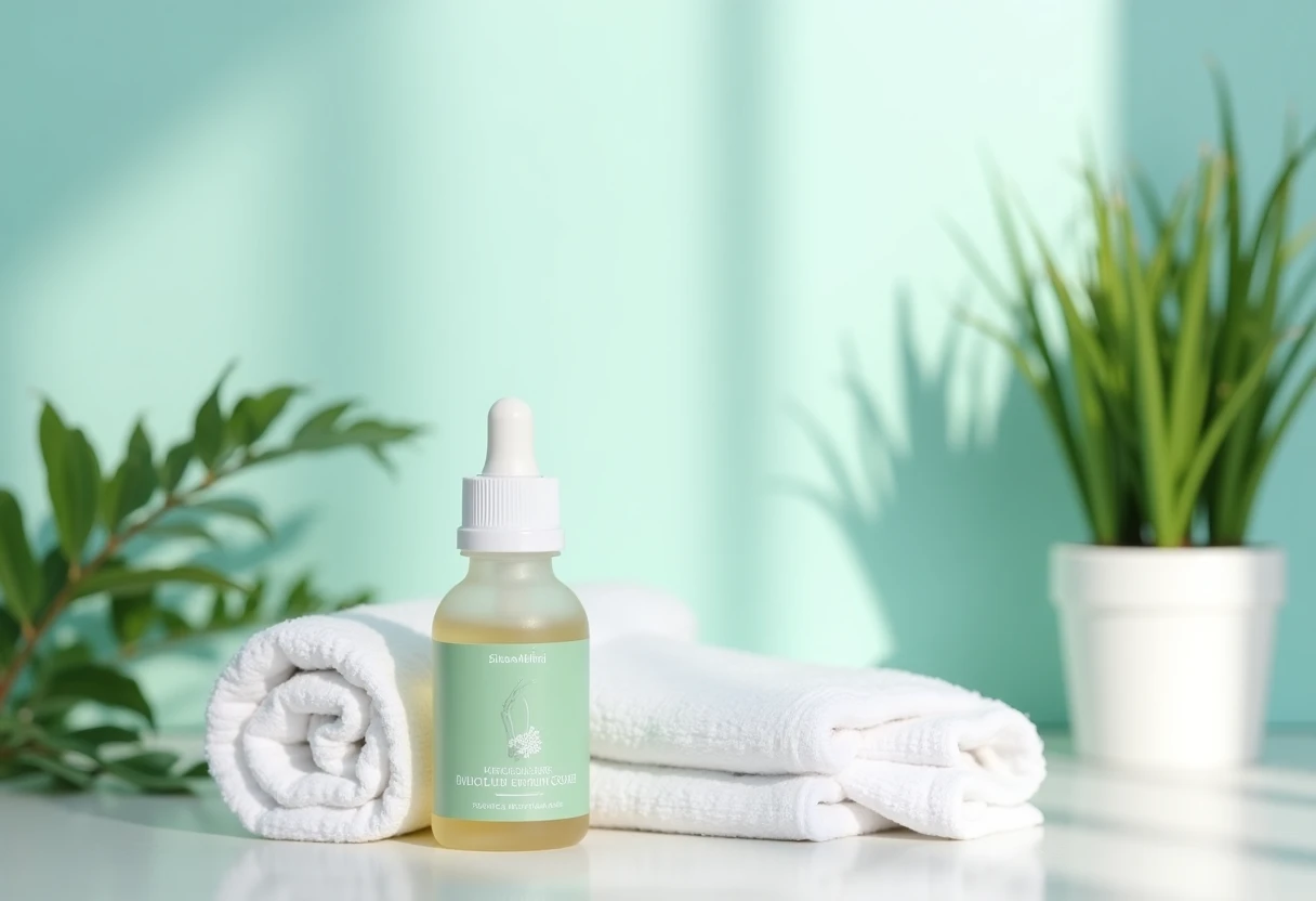 A serene bathroom setting featuring an elegant glass dropper bottle of facial serum surrounded by soft white towels and fresh green plants. The warm, natural light gently illuminates the scene, creating a calming atmosphere that highlights the beauty of skincare.