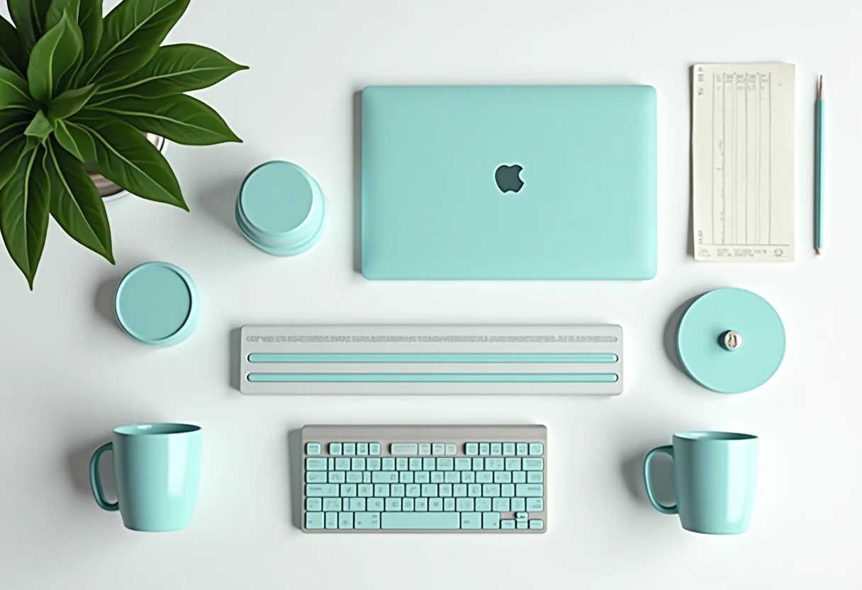 Configuração de escritório com laptop e acessórios